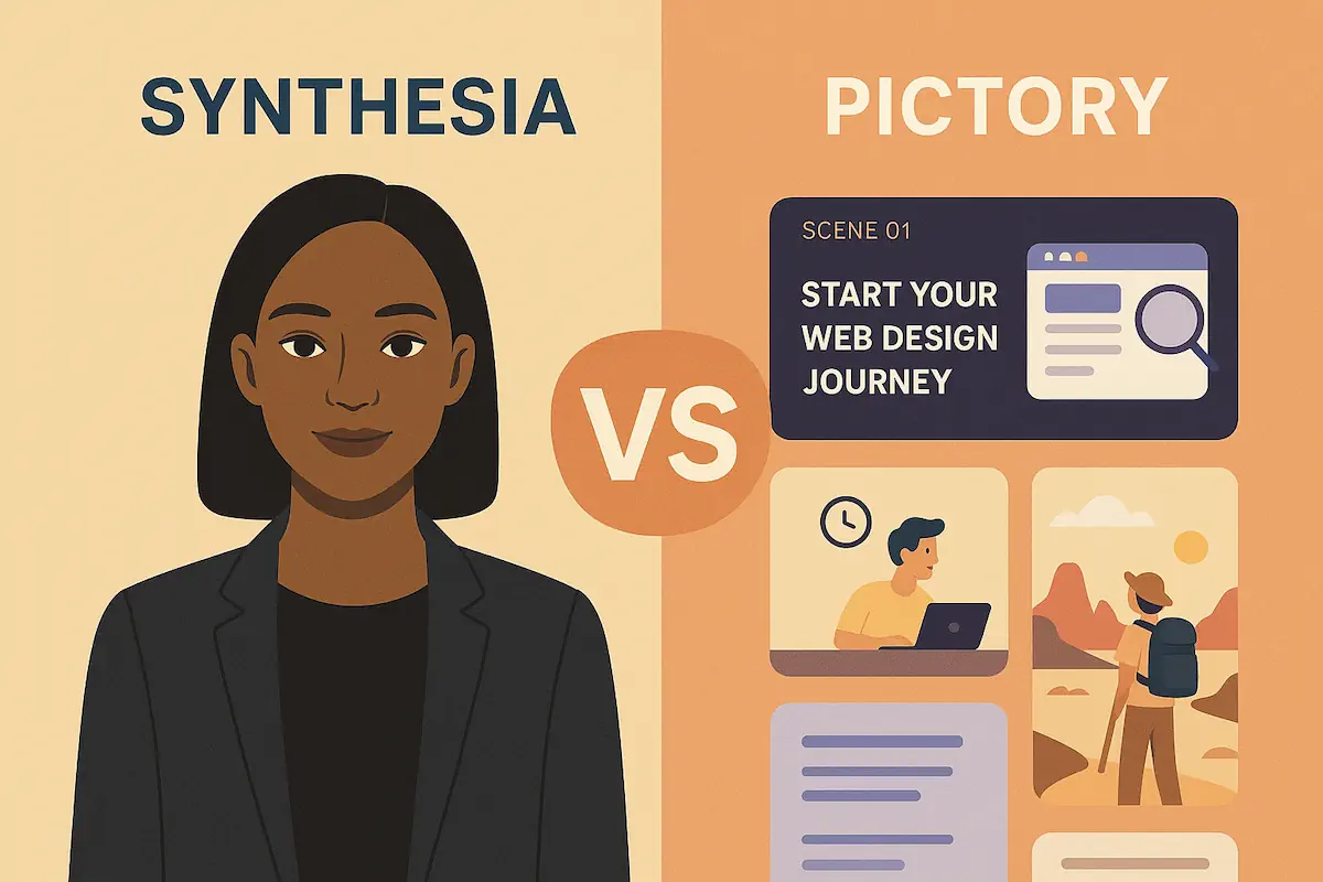 Split-screen concept showing Synthesia AI avatar on one side and Pictory storyboard scenes on the other.